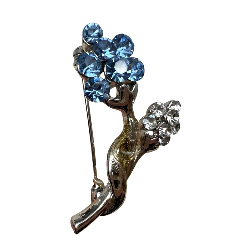 Blue & Clear Rhinestone Flower Brooch Pin Floral Fashion Jewelry 1 1/4 in H